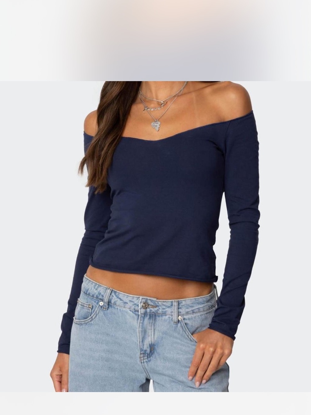 Off-Shoulder Long Sleeve Crop Top - Navy